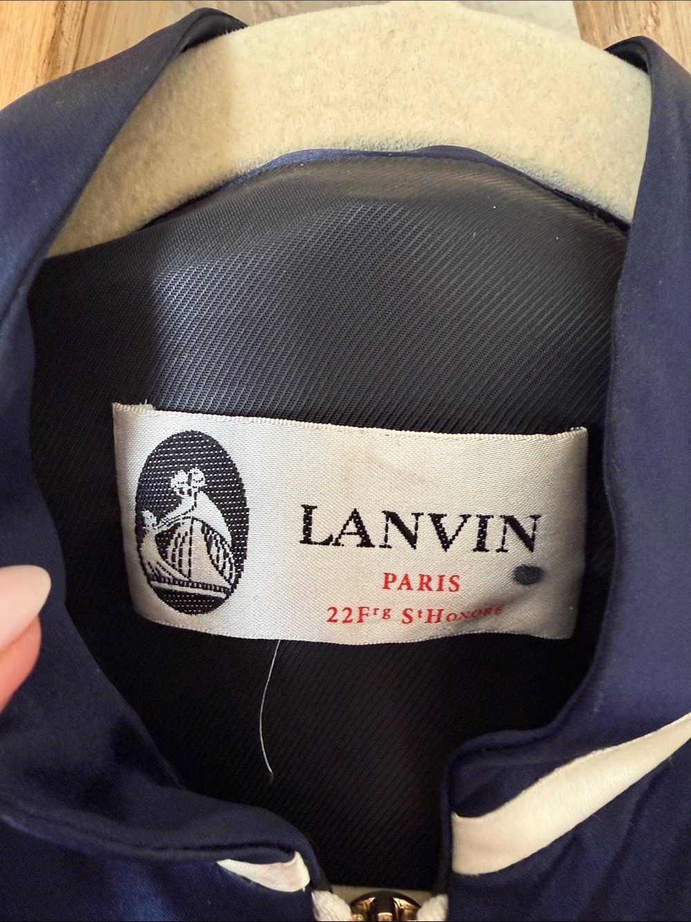 Lanvin Paris Navy Satin Bomber with Pink Poppy Floral Embroidery - Picture 2 of 5